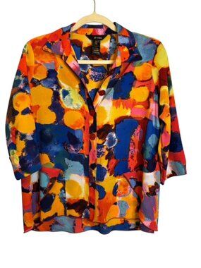 Ali Miles Blouse Women's Petite Small Abstract Artsy Office Crepe Multicolor